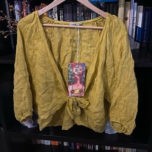 Colette Mustard Yellow French Linen wrap Top, Free Size